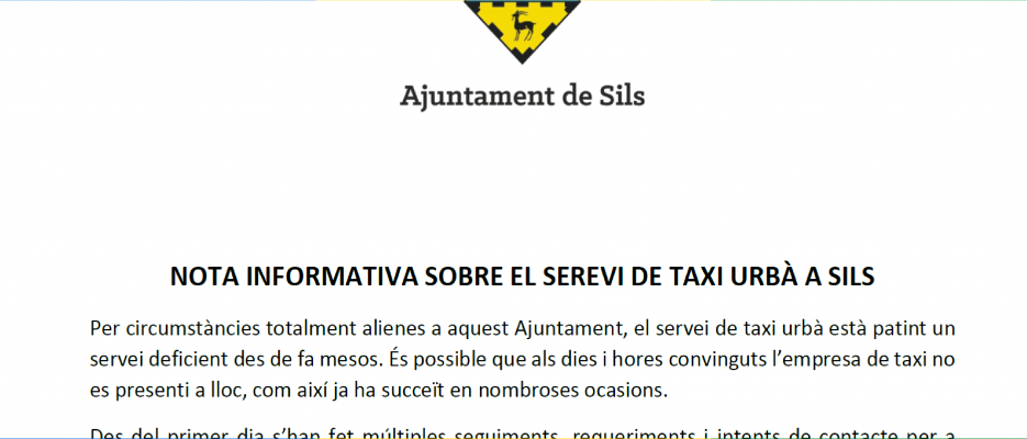 Nota informativa Servei de Taxi